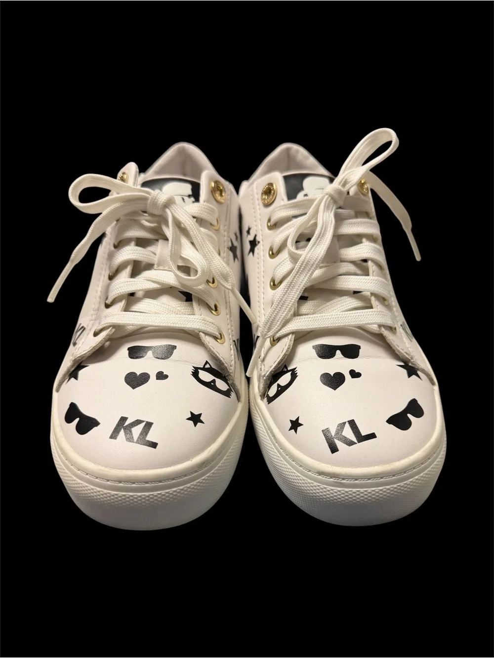 Karl Lagerfeld Paris Woman’s White Low-Top Sneakers with Black Logo Icons Sz 7.5 - Picture 3 of 11